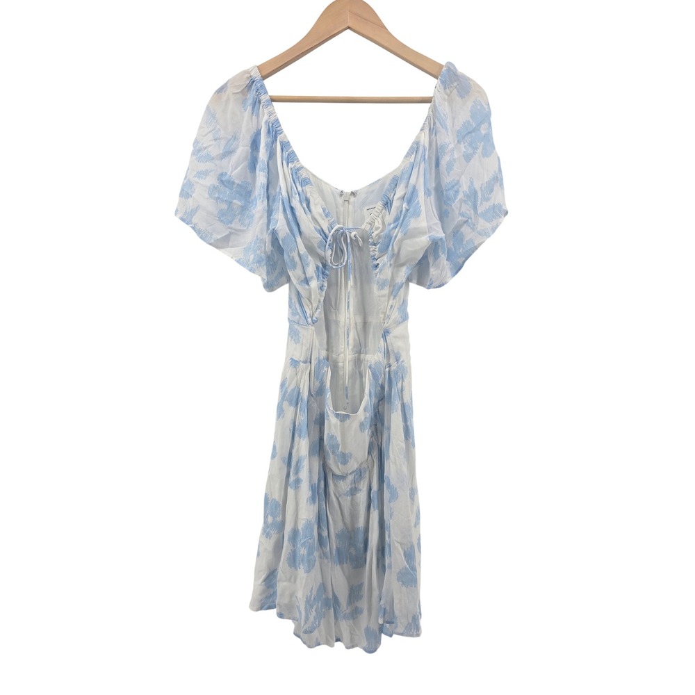 Sabo Skirt Mini Dress Womens M White Blue Abstract Floral Cutout Back Flutter